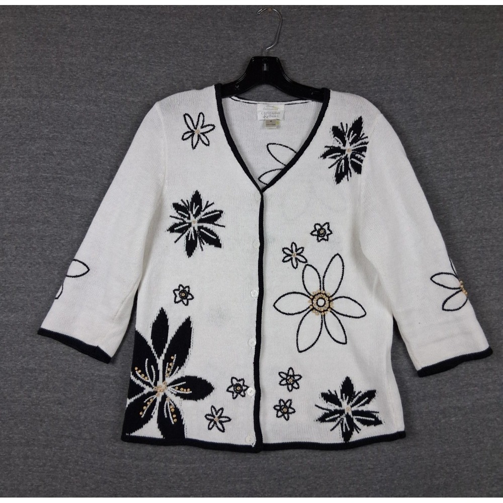 Christopher Banks Sweater M White Cardigan Floral Embroidered Grannie Cottage